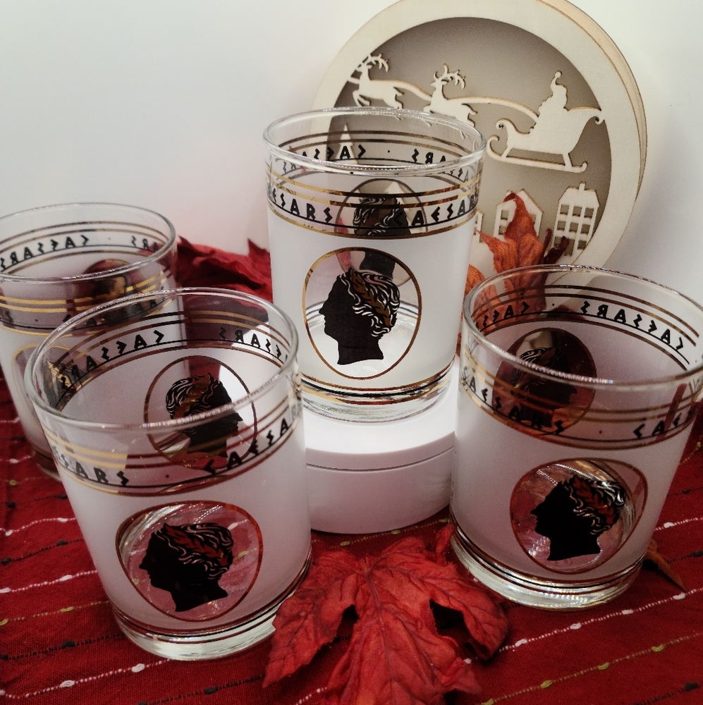 CAESARS vintage beverage glasses 11 oz, emblem with gold trim, 4 bundle
